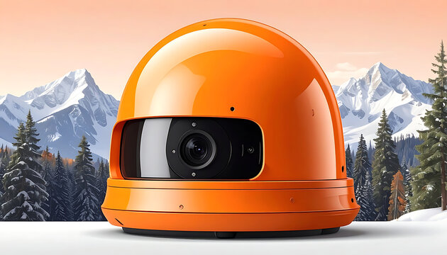 Modern orange dome security camera for outdoor surveillance in snowy mountain environment.