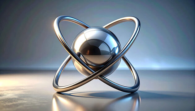 Metallic silver atom model with central nucleus and orbiting electron rings on reflective surface.