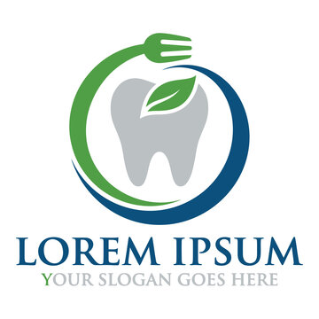 Tooth with leaf and fork in circle logo design template icon