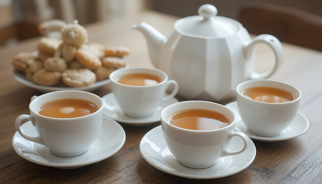 A warm and inviting scene of a tea set with four cups and a teapot on a wooden table with a plate of cookies