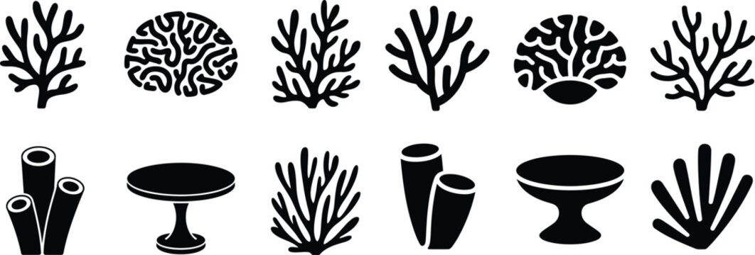 Set of coral reefs and other deep sea creatures isolated vector icons on a transparent background.