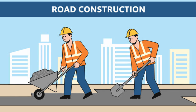 Two road construction workers in high visibility orange vests and yellow hard hats repairing the street surface using a shovel and a wheelbarrow.