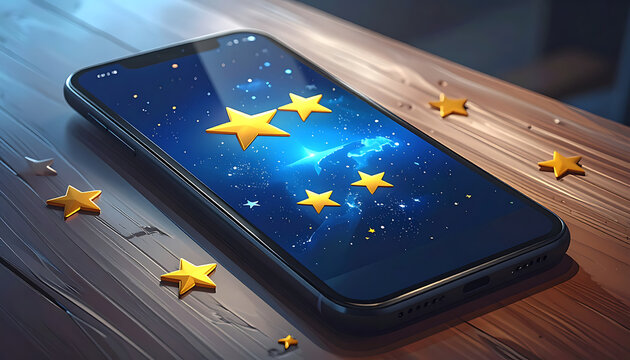 Modern smartphone displaying glowing five star rating icons on a wooden surface with cosmic screen background.