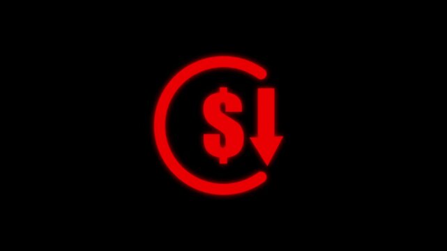 Business Money loss circle arrow icon. Dollar currency price drop concept. circle with down arrow moving 4k video.