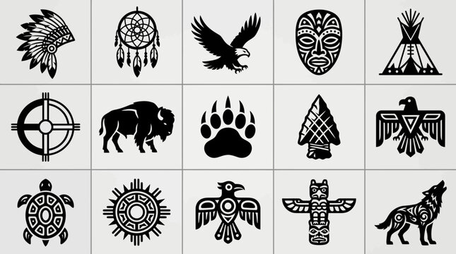 Native American tribal symbols and icons set in black and white graphic style.
