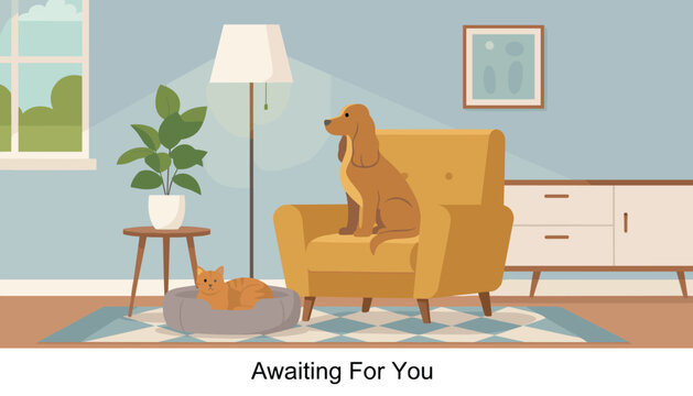 Cozy living room scene with a faithful golden dog sitting on a yellow armchair and a ginger cat resting in its bed waiting for their owner.