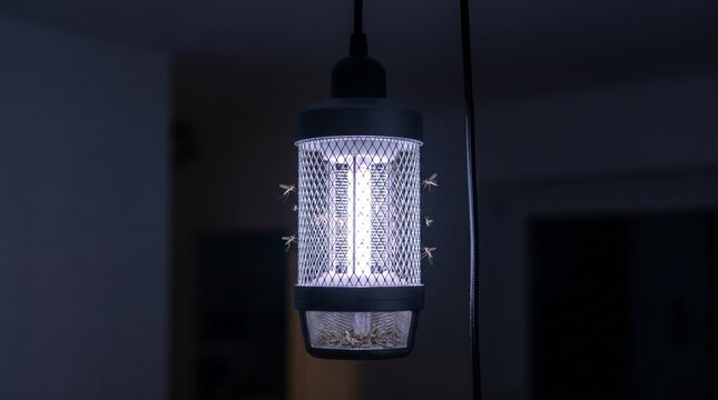 A hanging electric insect zapper light is glowing brightly indoors at night.
