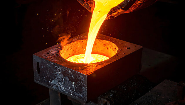 Molten metal pouring into industrial mold at steel foundry factory.