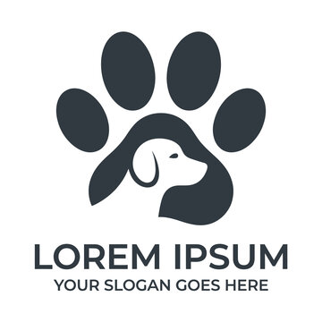 Dog paw print logo with dog head silhouette and sample text icon