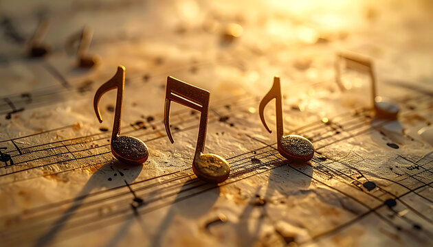 Musical notes standing on a vintage sheet music score during a golden sunset.