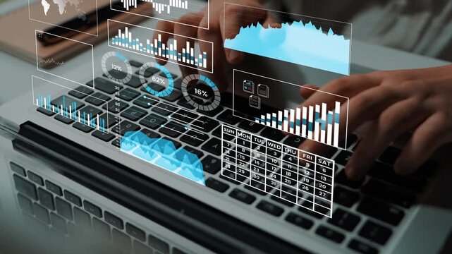Hands using modern laptop with digital analytics, charts, and graphs on screen, showcasing data analysis and business intelligence tools for decision-making Gluon.
