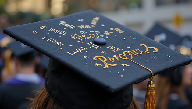 A graduation cap with gold writing and decorations on a black background at a ceremony with people in the background