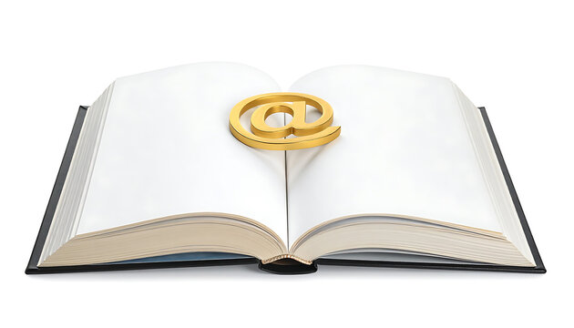 Open book with golden email at symbol on blank white pages representing digital communication and modern literature.