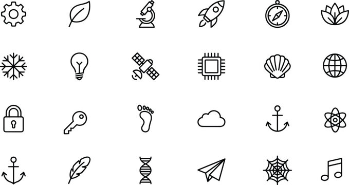 Universal Business Technology Science Nature Education Security and Travel Minimalist Outline Line Icon Set