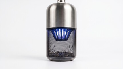 Obraz premium A close-up view of a sleek metallic object with a blue light on a white surface indoors