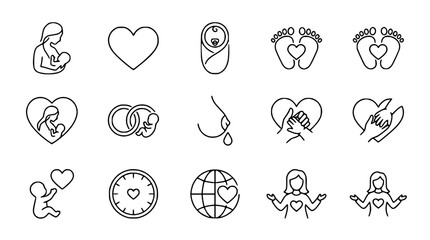 Fototapeta premium Motherhood and Family Love Icons: Pregnancy, Baby, Heart, Birth, Care, New Life