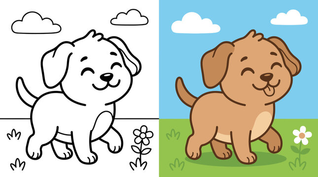 Playful Puppy Coloring Page - Fun Animal Art for Kids in Bright Outdoor Setting