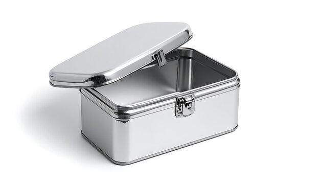 Open stainless steel lunch box with metal latch and lid on white background.