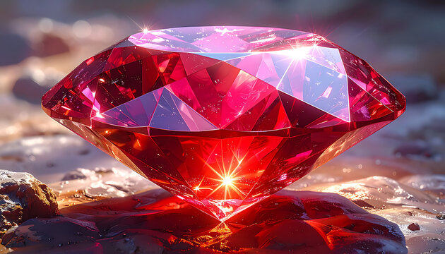 Large faceted red ruby gemstone glowing with brilliant light on a rocky surface.