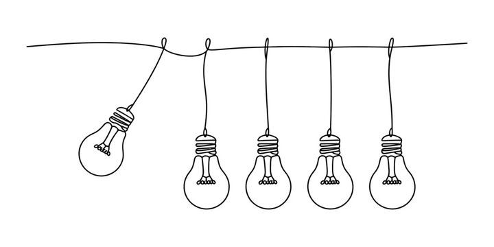 Continuous single line drawing of hanging light bulbs showing a creative pendulum concept for business ideas and innovation strategy in a simple black style Vector, illustration