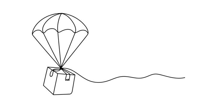 A single continuous line drawing of a simple cardboard delivery box falling slowly from the sky attached to a parachute representing express shipping services Vector, illustration