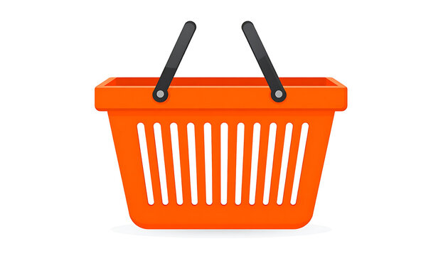 Orange plastic shopping basket with black handles for retail grocery store and supermarket commerce.