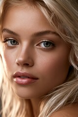 Naklejka premium Beauty portrait of a blonde woman with glowing skin in studio lighting, showcasing natural makeup and elegant fashion