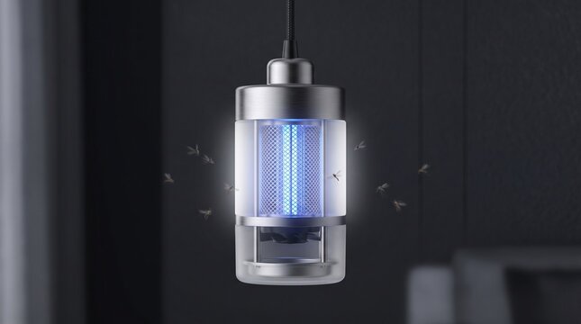 A sleek mosquito zapper hangs from a dark ceiling catching insects indoors at night.