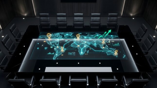 Modern luxury boardroom with interactive holographic world map table displaying global data analytics and financial growth charts futuristic corporate meeting space