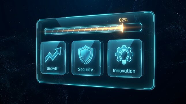 Futuristic digital dashboard displays progress bar at 82 with icons for growth security and innovation representing business success and technological advancement in a dark