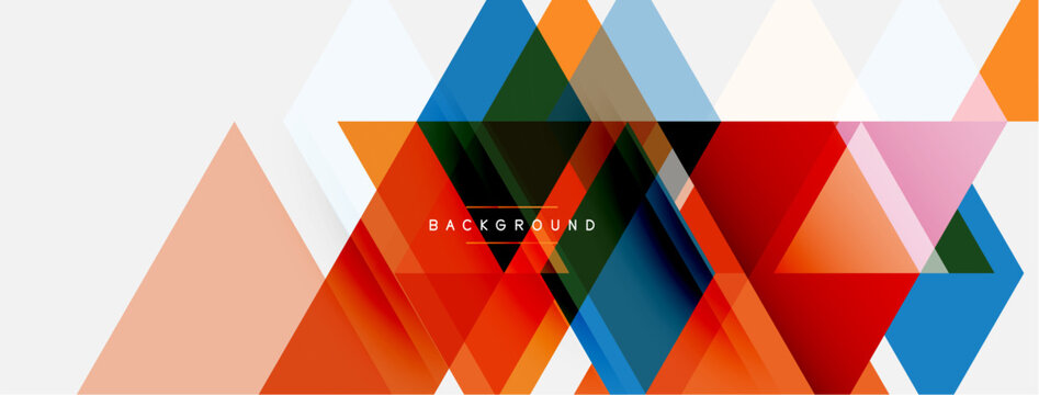 Abstract geometric shapes overlap, creating vibrant layered design. Orange, blue, red dominate composition. Modern aesthetic.