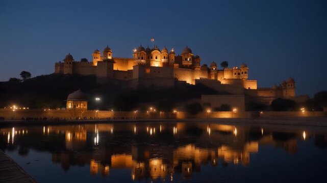 Wide Establishing Shot of Amber Fort in Jaipur at Dusk &ndash; Ancient Rajput Palace Illuminated by Warm Light, Rajasthan India