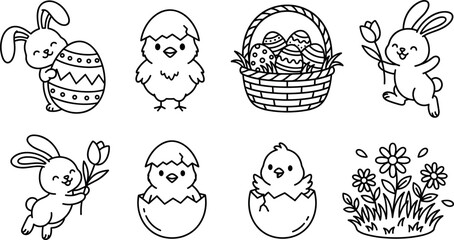 Fototapeta premium Cute Easter bunny chick and decorated egg line art cartoon vector icons set for holiday