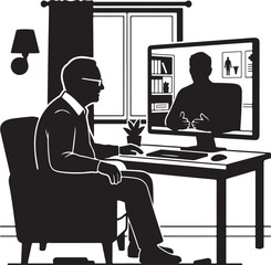Fototapeta premium Businessman, office worker, computer user, remote meeting, video call, black silhouette, modern workspace