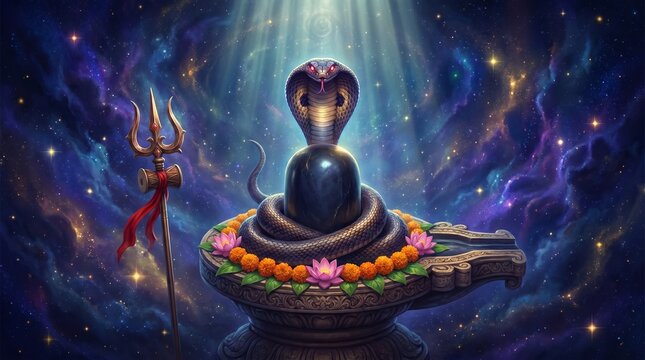 Sacred cobra around Shivling with divine light during Nag Panchami celebration for spiritual worship