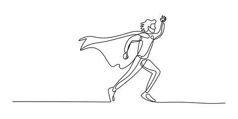 Continuous single line drawing of a superhero man with a cape running fast forward with a raised hand in a simple minimalist style black ink line art Vector, illustration ©  MCB Vector