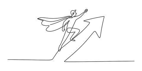 Continuous single line drawing of a superhero flying up with a growing arrow showing business success and achievement concept for professional growth Vector, illustration ©  MCB Vector