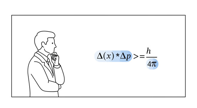 Scientist contemplating Heisenberg uncertainty principle formula