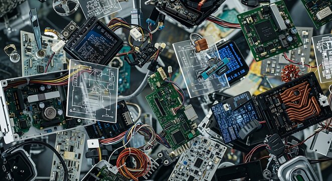 Electronic waste circuit boards closeup.