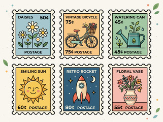 Obraz premium Set of Six Vintage Style Illustrated Postage Stamps with Floral, Summer, and Space Icons