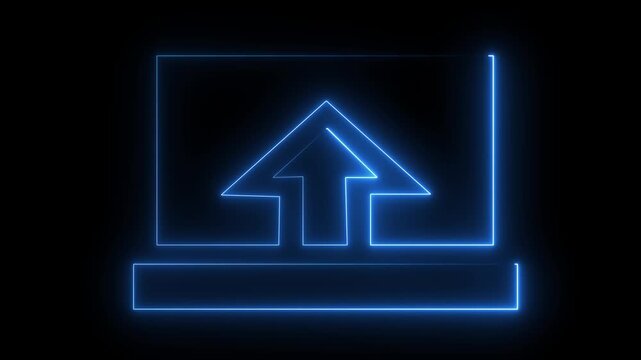 A glowing blue neon sketch of a house on a dark brick wall background with a reflective grid floor beneath 