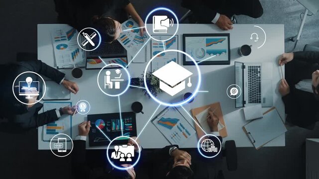 Online education icons show e-learning, online education classes, and digital study. Online education enables global online education access, flexible learning. Funnel