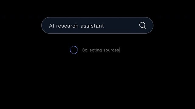 AI research assistant dashboard animation with intelligent search, document analysis, automated insights and confidence score on transparent background with alpha channel, overlay motion graphic.