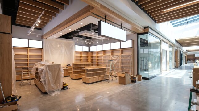 An empty store interior under construction with wooden shelves and boxes.