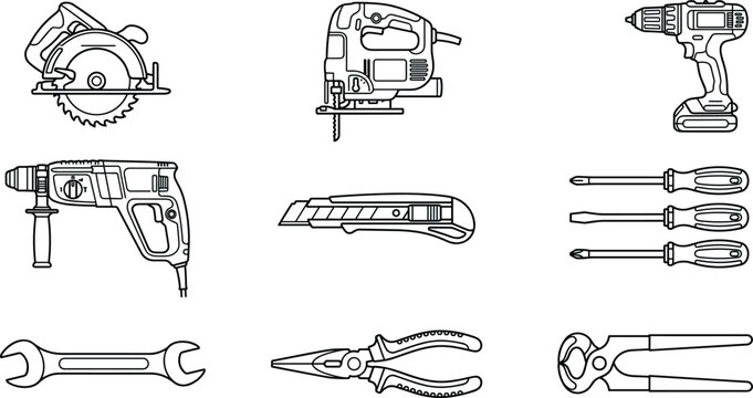 Power tools and handyman construction equipment line art vector outline icons collection set