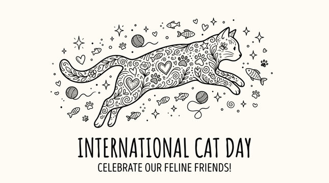 Patterned cat jumping among doodles of fish, paws, and yarn for International Cat Day.