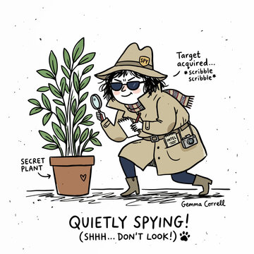 Woman detective character holding magnifying glass investigating a plant in a pot labeled secret plant.