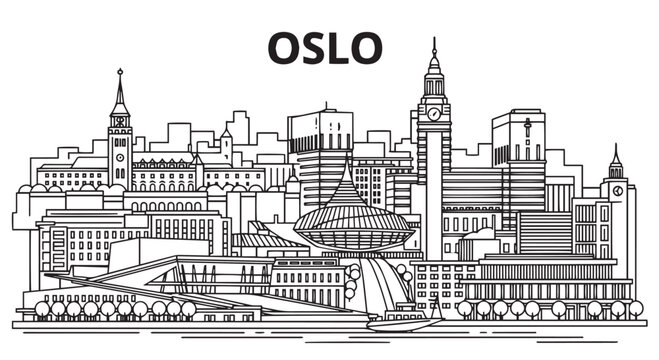 Oslo Skyline Black and White Illustration