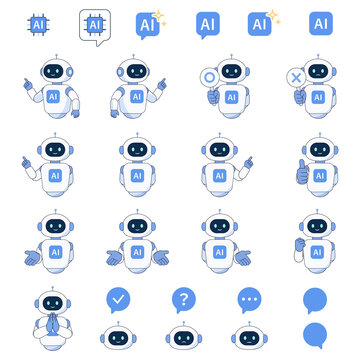 AIロボットのキャラクターとアイコンのセット。様々なポーズと表情のベクターイラスト。AIアシスタント。AI robot character and icon set. Vector illustration of various poses and expressions. AI assistant solution.
