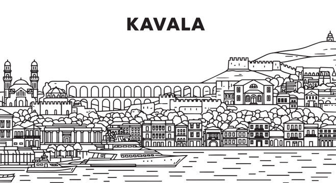 Kavala Skyline Illustration with Coastal View